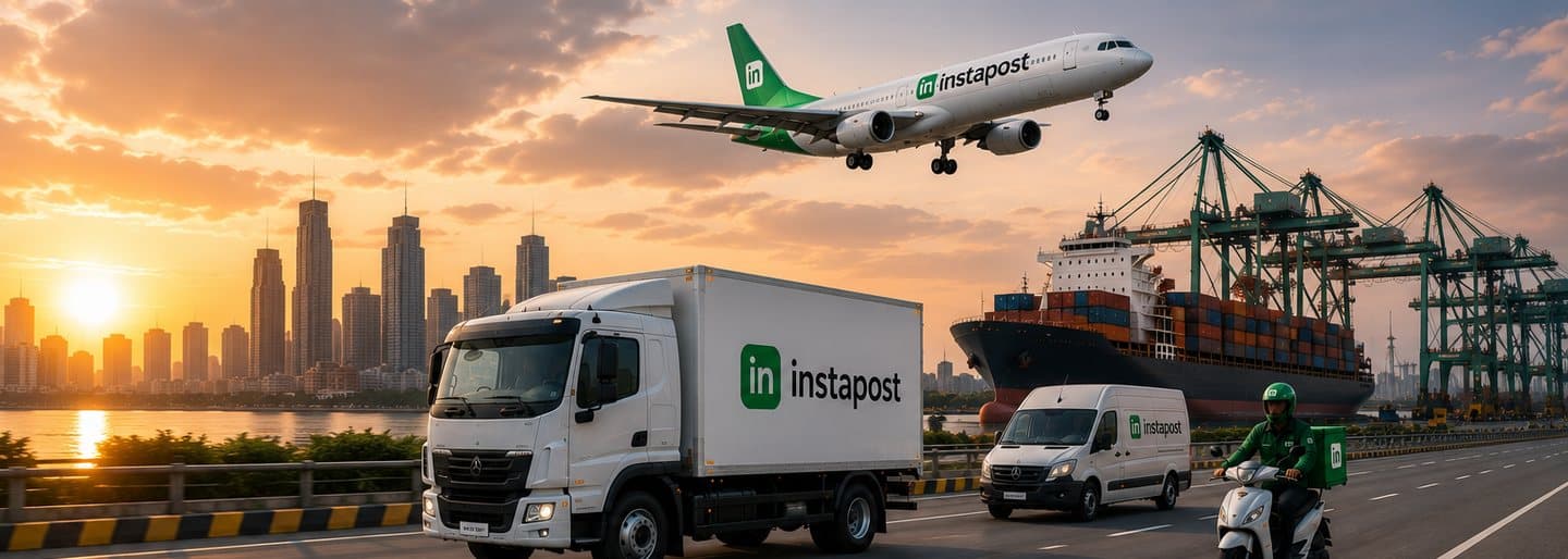 instapost fleet delivering across a city skyline at sunset