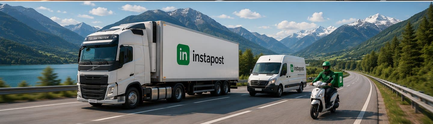 instapost truck, van and rider on a scenic mountain highway