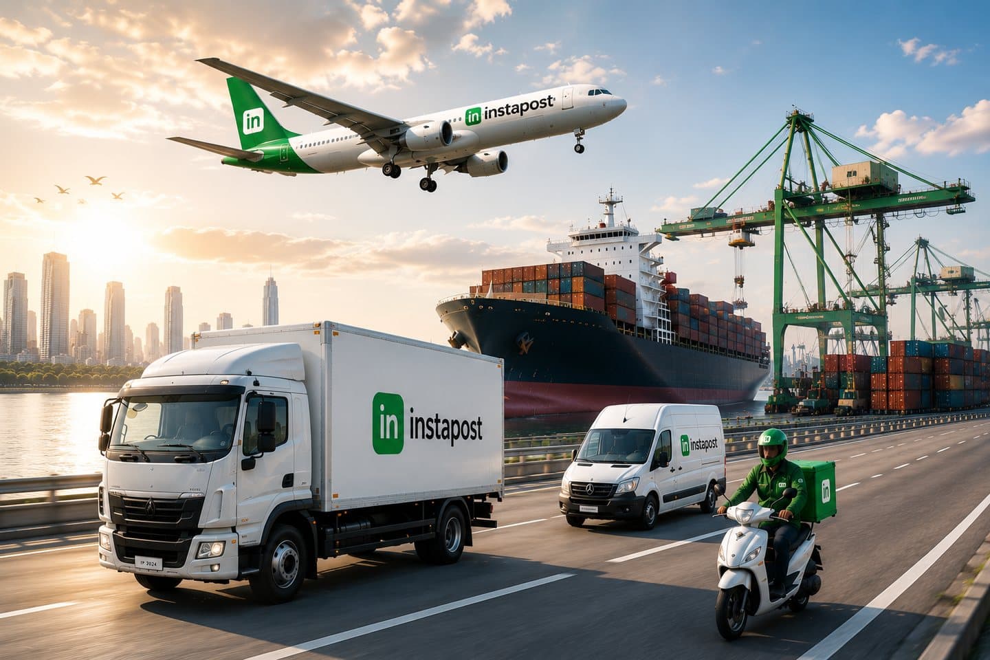 instapost cargo plane and delivery fleet at a port terminal at golden hour