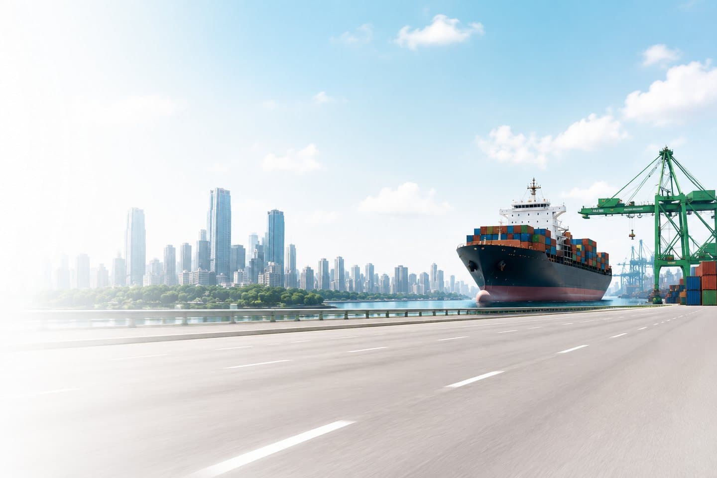 Container ship at a port terminal with a city skyline